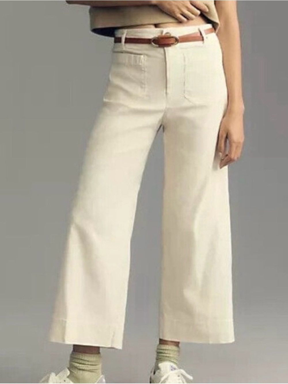 Anthropology Maeve Colette High-Rise Wide-Leg Cropped Pants in Cream size 34